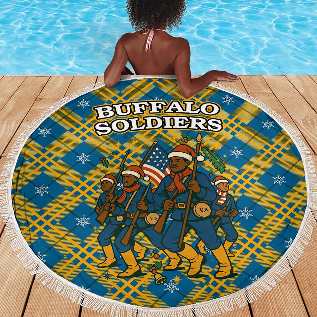 Buffalo Soldiers Christmas Beach Blanket Blue Yellow Plaid Parade Illustration Design - African Pride