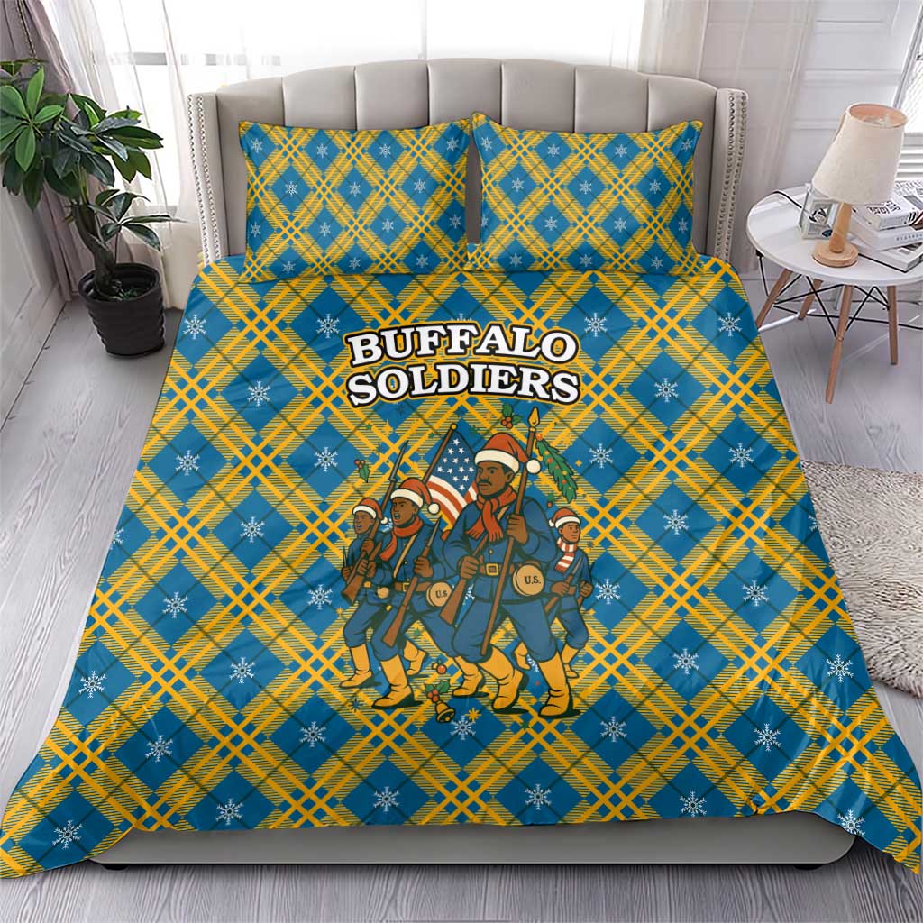 Buffalo Soldiers Christmas Bedding Set Blue Yellow Plaid Parade Illustration Design - African Pride