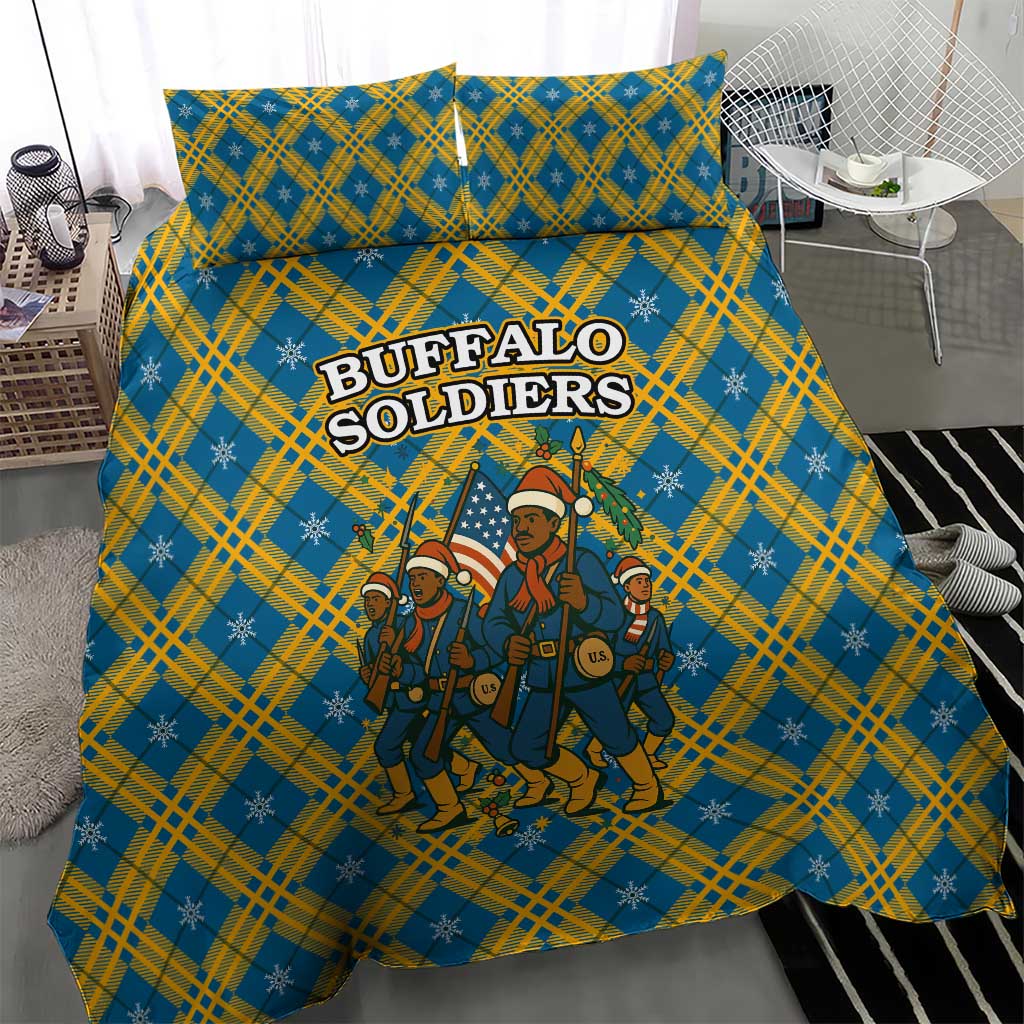 Buffalo Soldiers Christmas Bedding Set Blue Yellow Plaid Parade Illustration Design - African Pride
