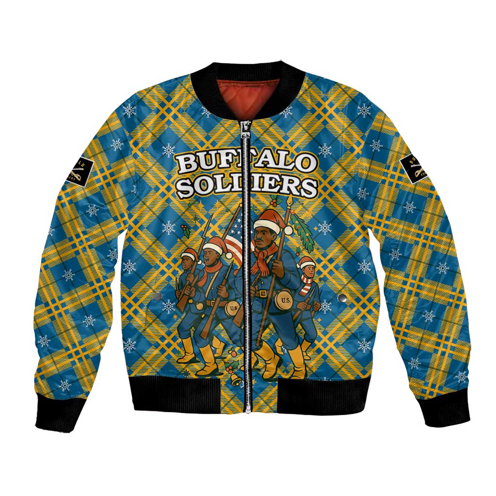 Buffalo Soldiers Christmas Bomber Jacket Blue Yellow Plaid Parade Illustration Design - African Pride