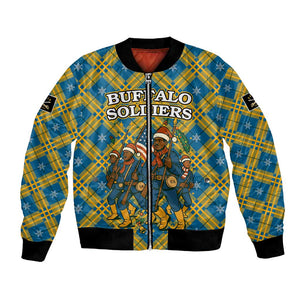 Buffalo Soldiers Christmas Bomber Jacket Blue Yellow Plaid Parade Illustration Design - African Pride