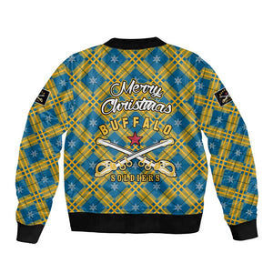 Buffalo Soldiers Christmas Bomber Jacket Blue Yellow Plaid Parade Illustration Design - African Pride