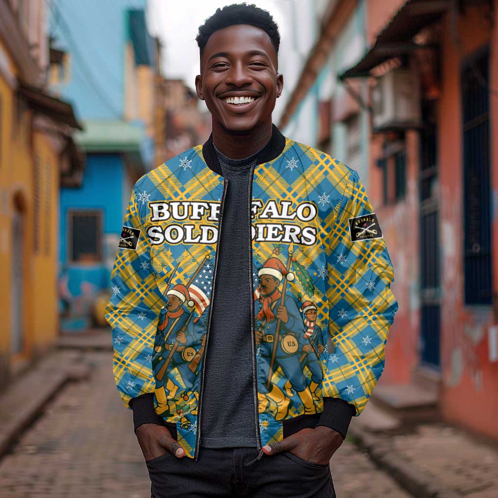 Buffalo Soldiers Christmas Bomber Jacket Blue Yellow Plaid Parade Illustration Design - African Pride