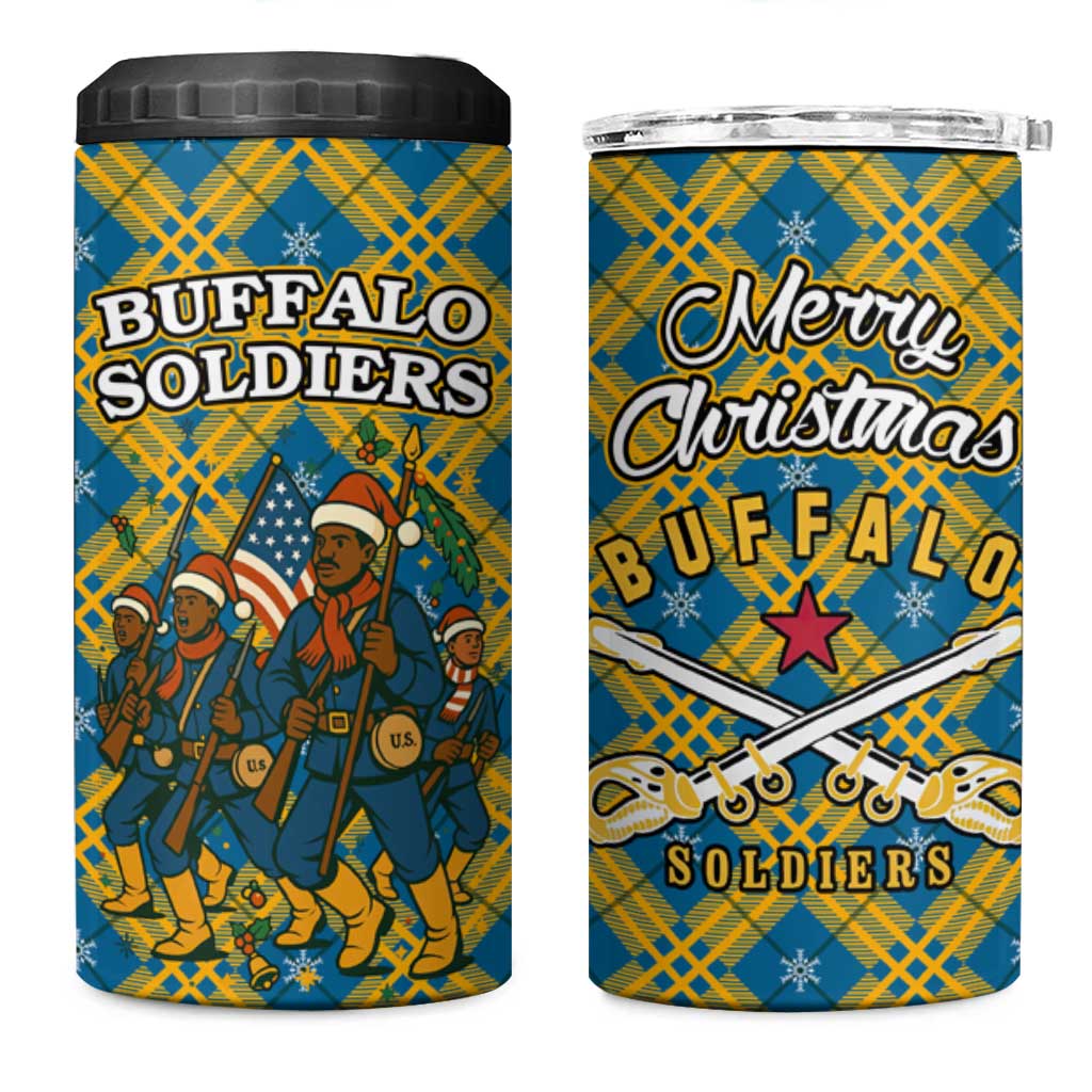 Buffalo Soldiers Christmas 4 in 1 Can Cooler Tumbler Blue Yellow Plaid Parade Illustration Design - African Pride