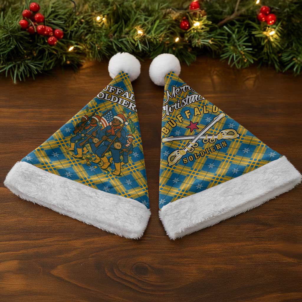 Buffalo Soldiers Christmas Santa Hat Blue Yellow Plaid Parade Illustration Design - African Pride