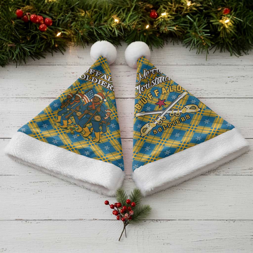 Buffalo Soldiers Christmas Santa Hat Blue Yellow Plaid Parade Illustration Design - African Pride