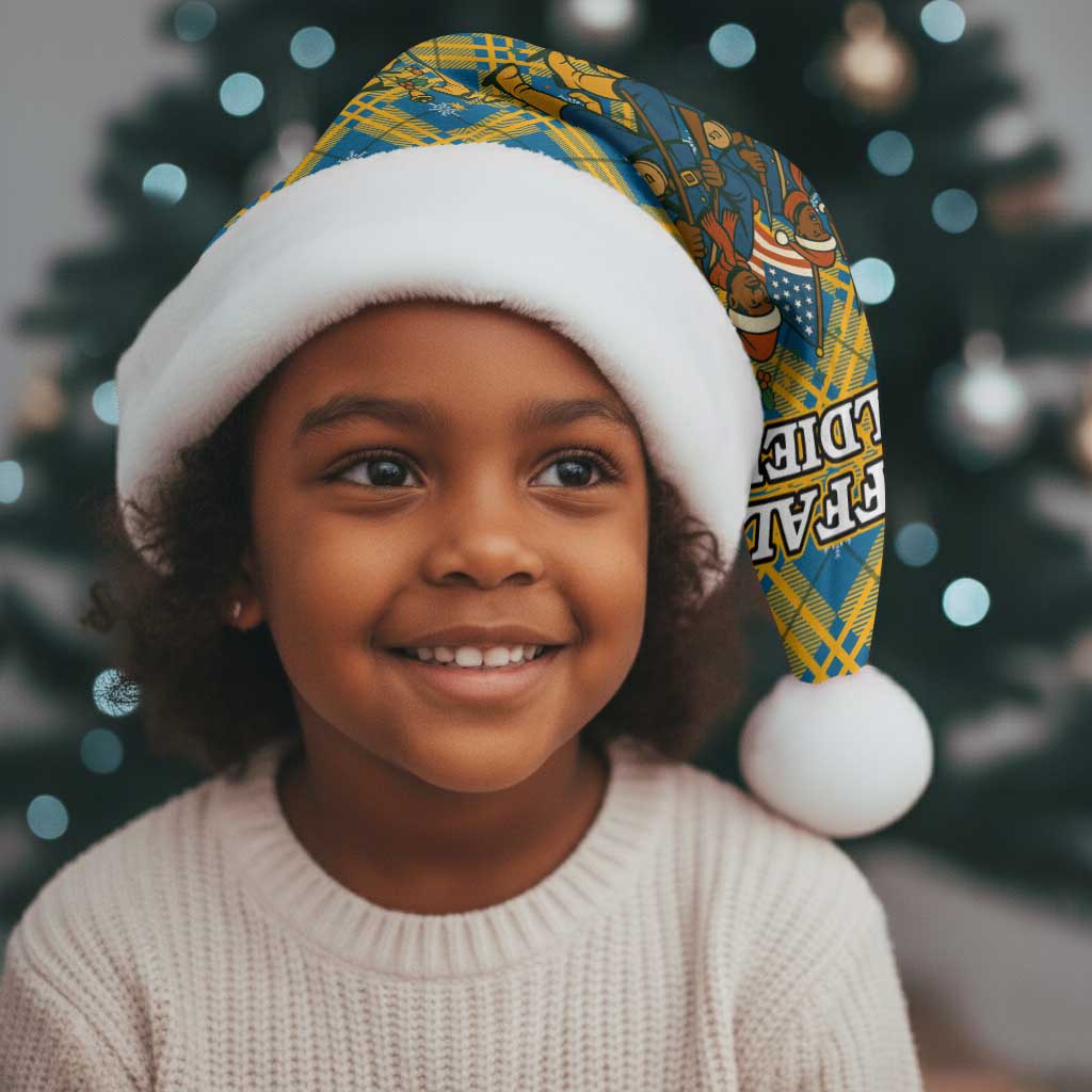 Buffalo Soldiers Christmas Santa Hat Blue Yellow Plaid Parade Illustration Design - African Pride