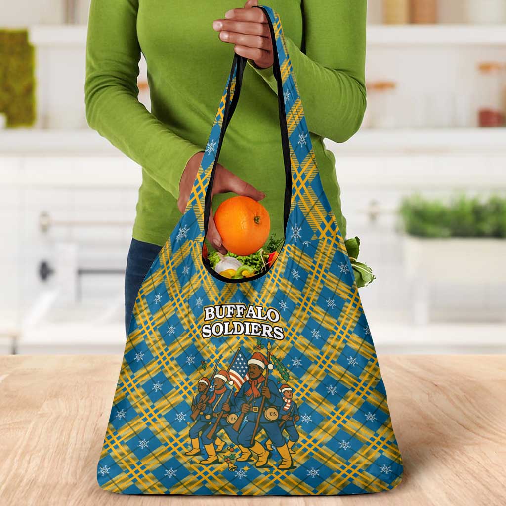 Buffalo Soldiers Christmas Grocery Bag Blue Yellow Plaid Parade Illustration Design - African Pride