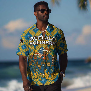 Buffalo Soldiers Christmas Hawaiian Shirt Blue Yellow Plaid Parade Illustration Design - African Pride