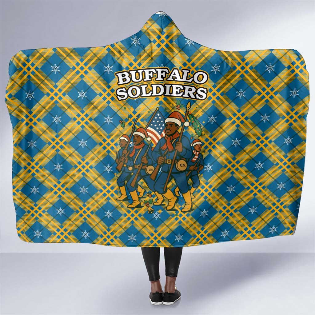 Buffalo Soldiers Christmas Hooded Blanket Blue Yellow Plaid Parade Illustration Design - African Pride
