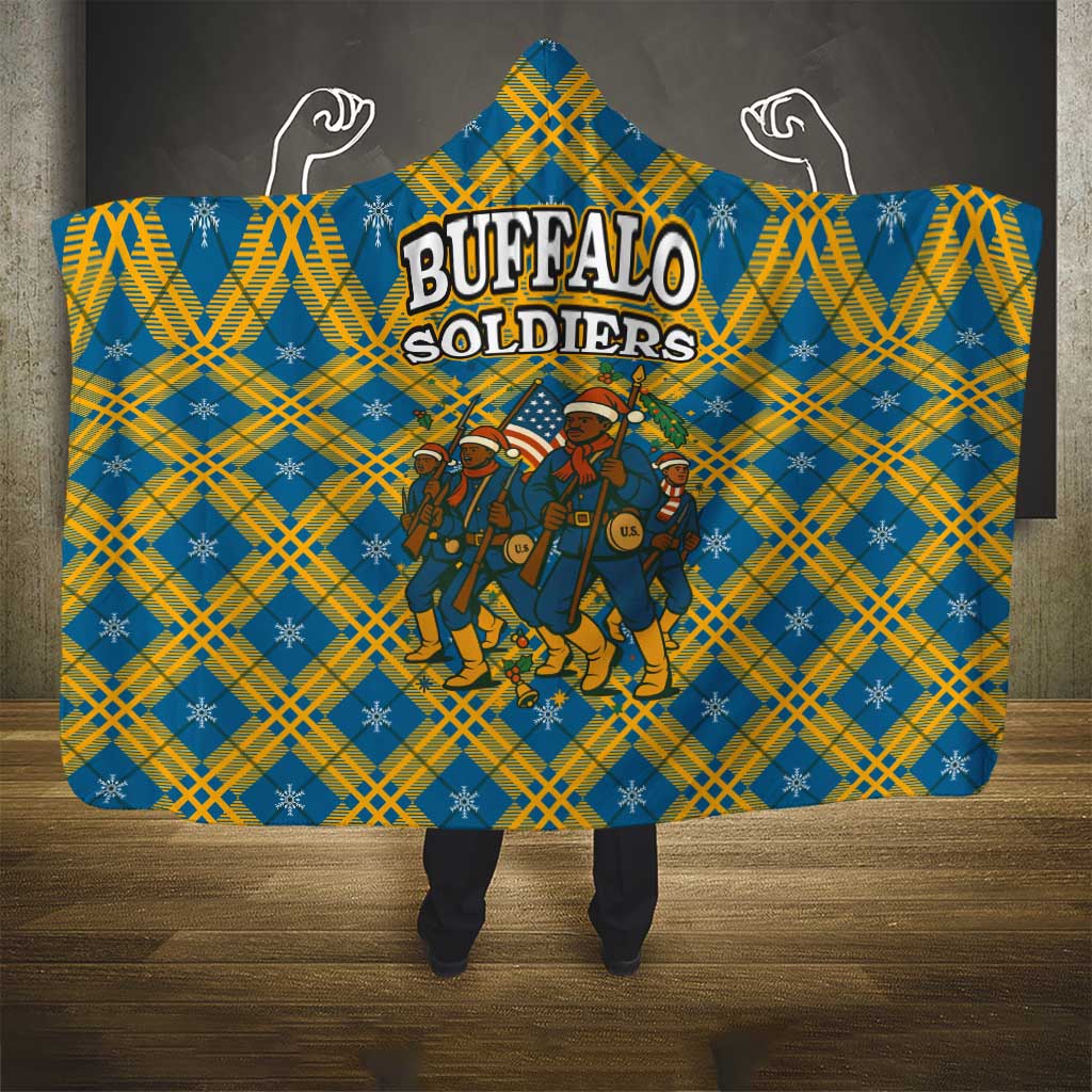 Buffalo Soldiers Christmas Hooded Blanket Blue Yellow Plaid Parade Illustration Design - African Pride