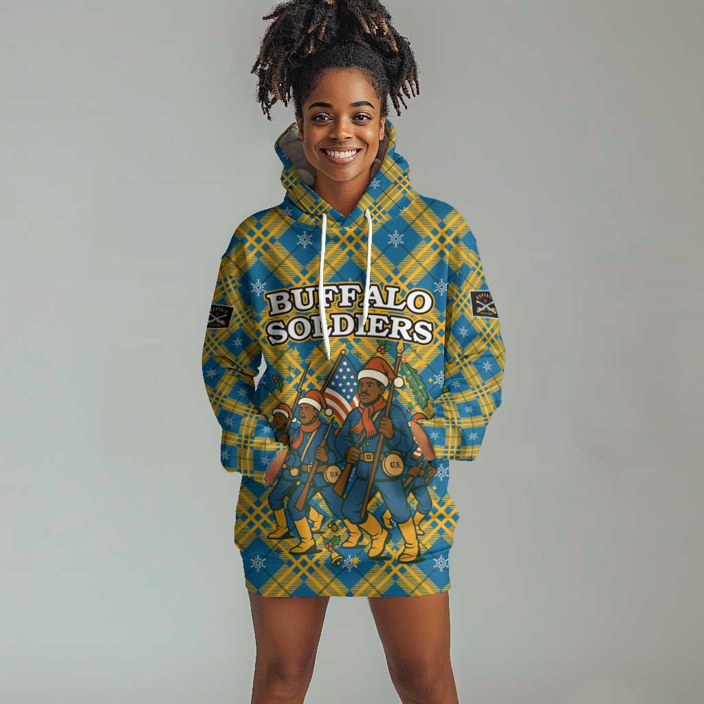 Buffalo Soldiers Christmas Hoodie Dress Blue Yellow Plaid Parade Illustration Design - African Pride
