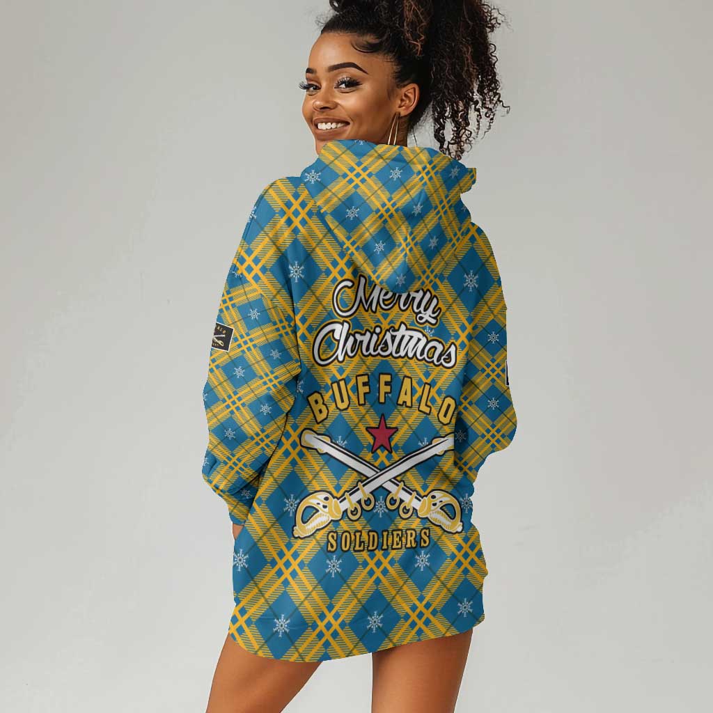 Buffalo Soldiers Christmas Hoodie Dress Blue Yellow Plaid Parade Illustration Design - African Pride