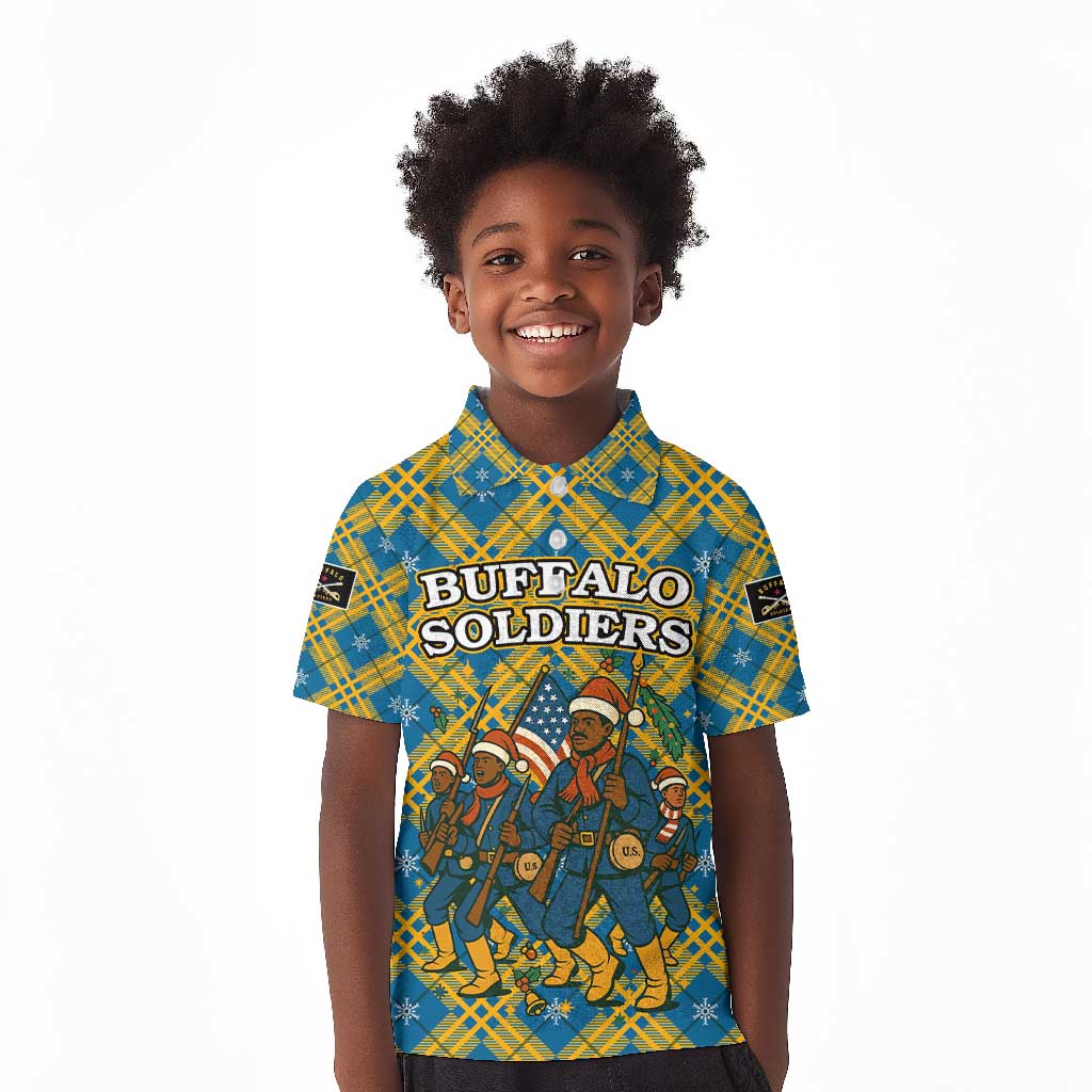 Buffalo Soldiers Christmas Kid Polo Shirt Blue Yellow Plaid Parade Illustration Design - African Pride