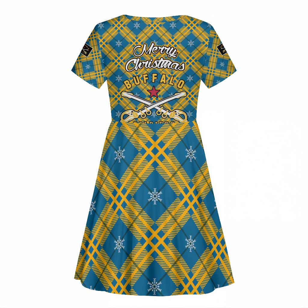 Buffalo Soldiers Christmas Kid Short Sleeve Dress Blue Yellow Plaid Parade Illustration Design - African Pride
