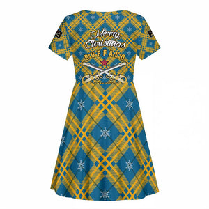 Buffalo Soldiers Christmas Kid Short Sleeve Dress Blue Yellow Plaid Parade Illustration Design - African Pride