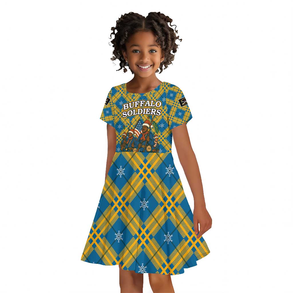 Buffalo Soldiers Christmas Kid Short Sleeve Dress Blue Yellow Plaid Parade Illustration Design - African Pride