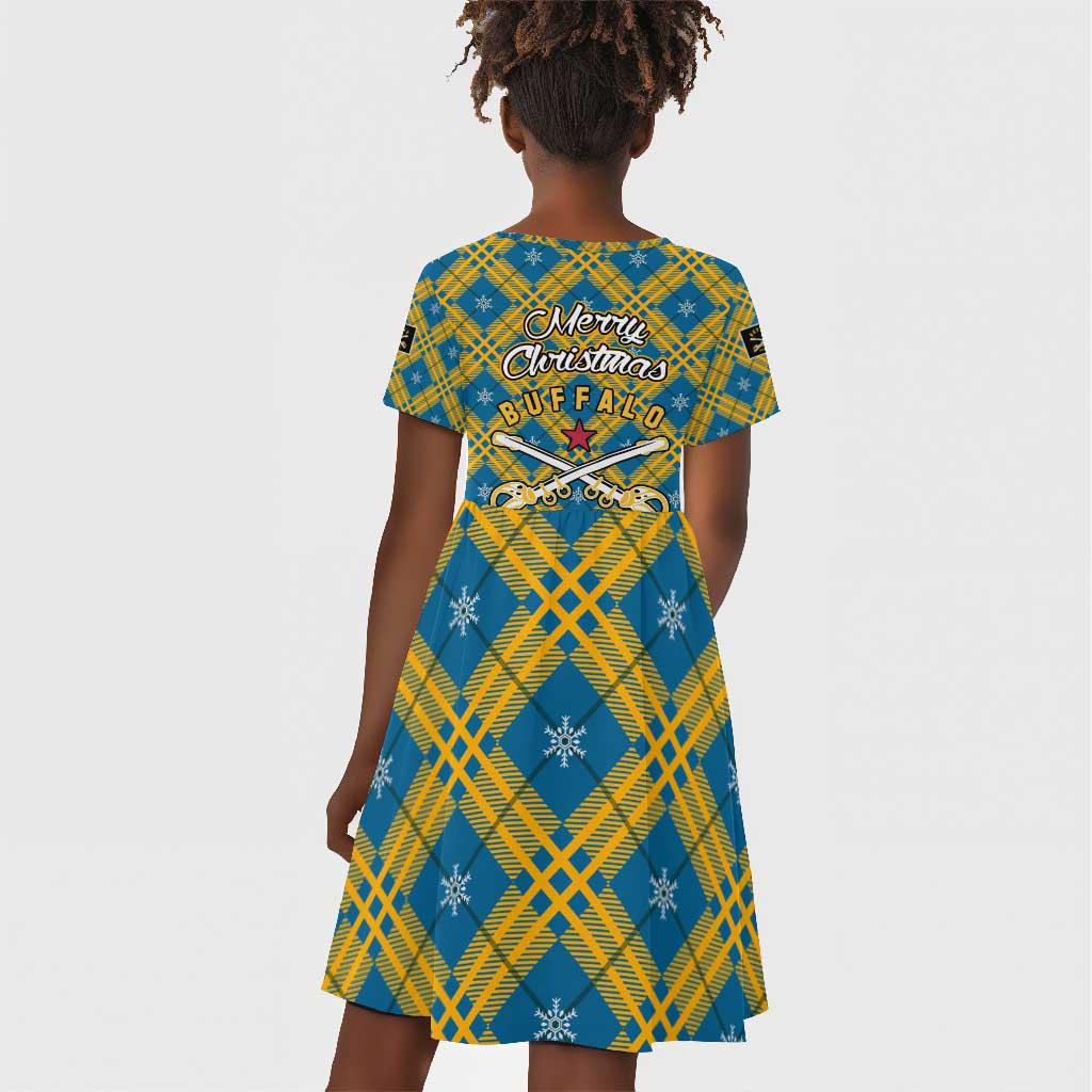 Buffalo Soldiers Christmas Kid Short Sleeve Dress Blue Yellow Plaid Parade Illustration Design - African Pride