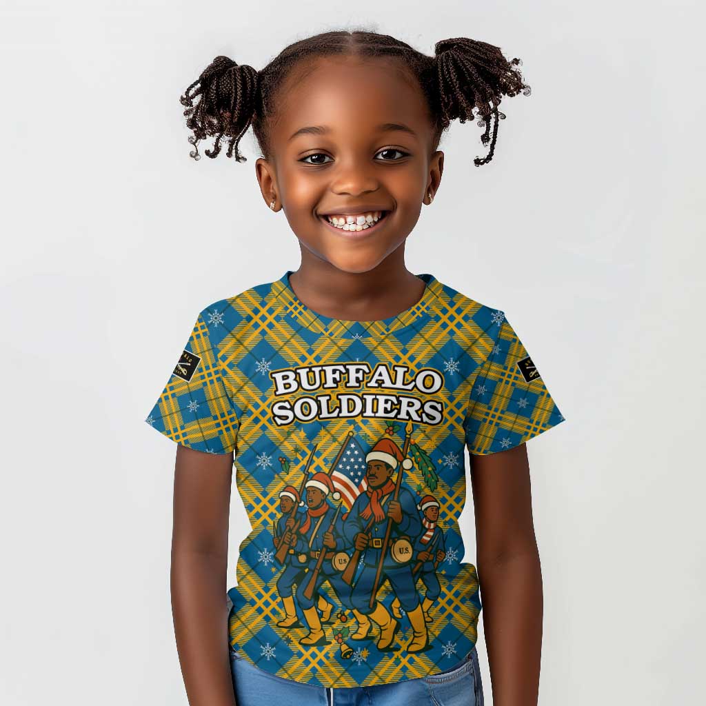 Buffalo Soldiers Christmas Kid T shirt Blue Yellow Plaid Parade Illustration Design - African Pride