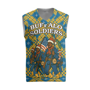 Buffalo Soldiers Christmas Knitted V-Neck Vest Blue Yellow Plaid Parade Illustration Design - African Pride