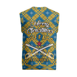 Buffalo Soldiers Christmas Knitted V-Neck Vest Blue Yellow Plaid Parade Illustration Design - African Pride