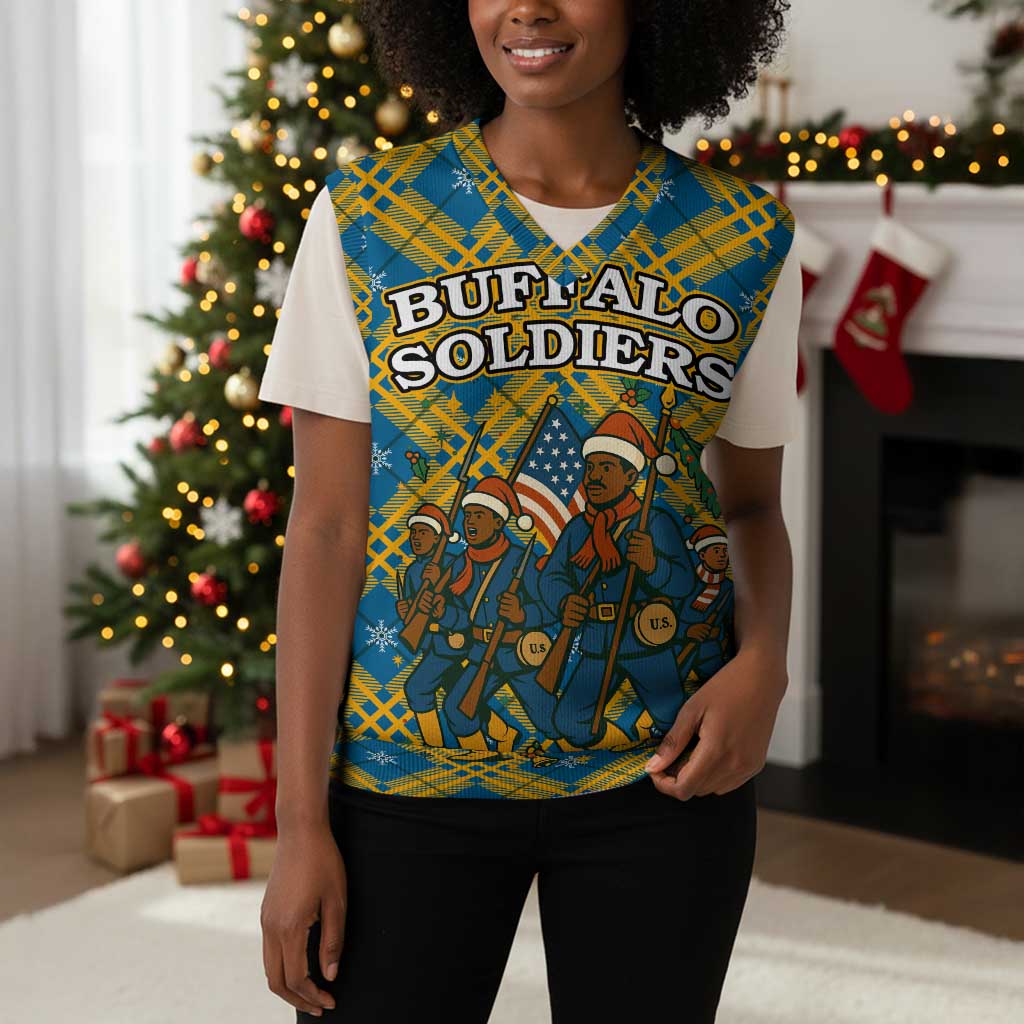 Buffalo Soldiers Christmas Knitted V-Neck Vest Blue Yellow Plaid Parade Illustration Design - African Pride