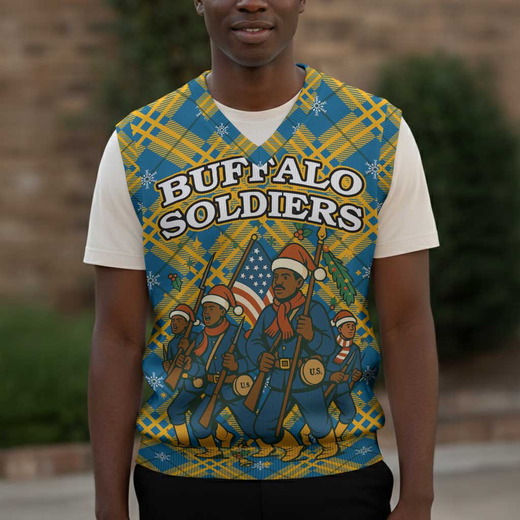 Buffalo Soldiers Christmas Knitted V-Neck Vest Blue Yellow Plaid Parade Illustration Design - African Pride