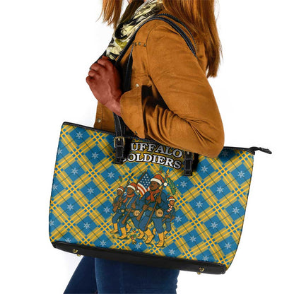 Buffalo Soldiers Christmas Leather Tote Bag Blue Yellow Plaid Parade Illustration Design - African Pride