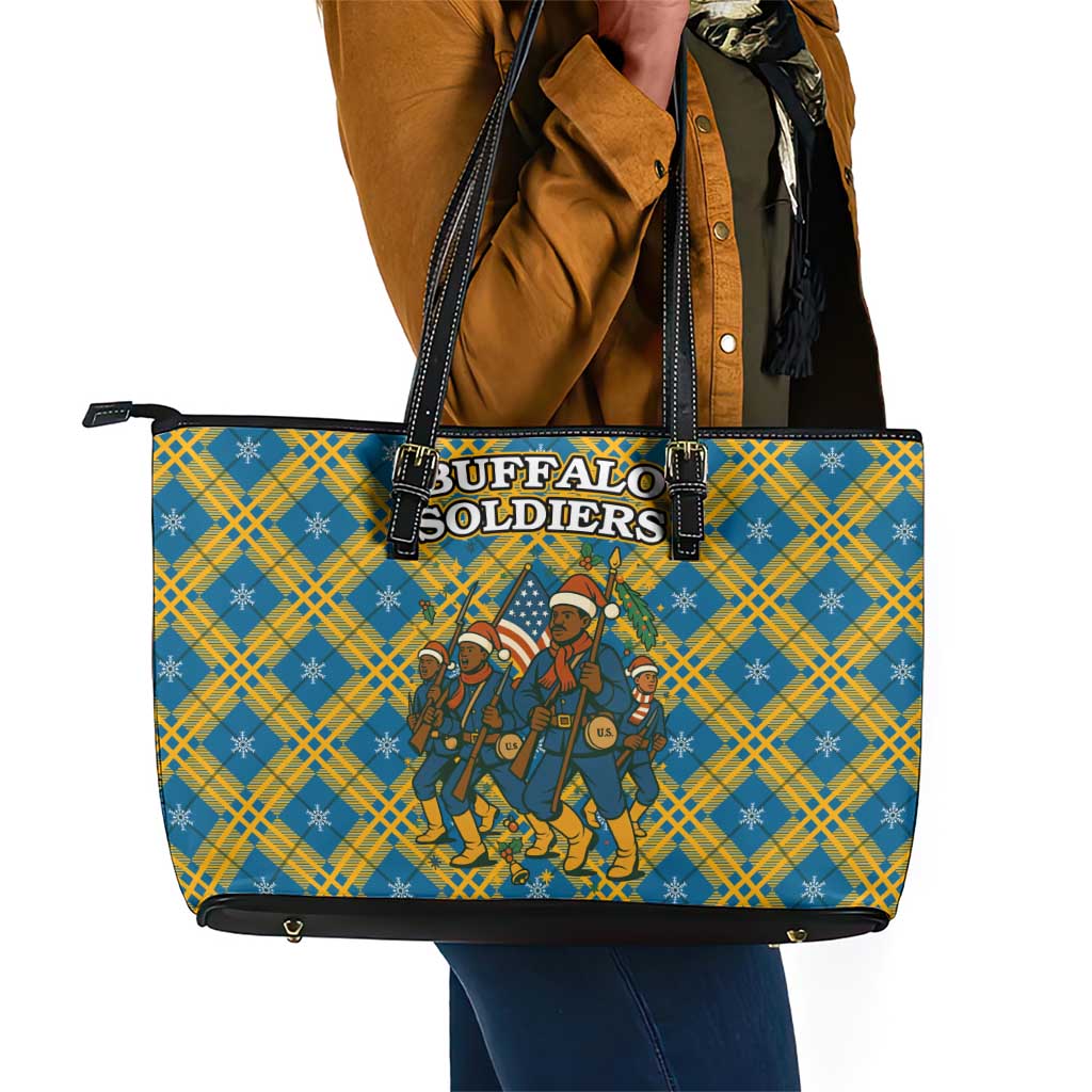 Buffalo Soldiers Christmas Leather Tote Bag Blue Yellow Plaid Parade Illustration Design - African Pride