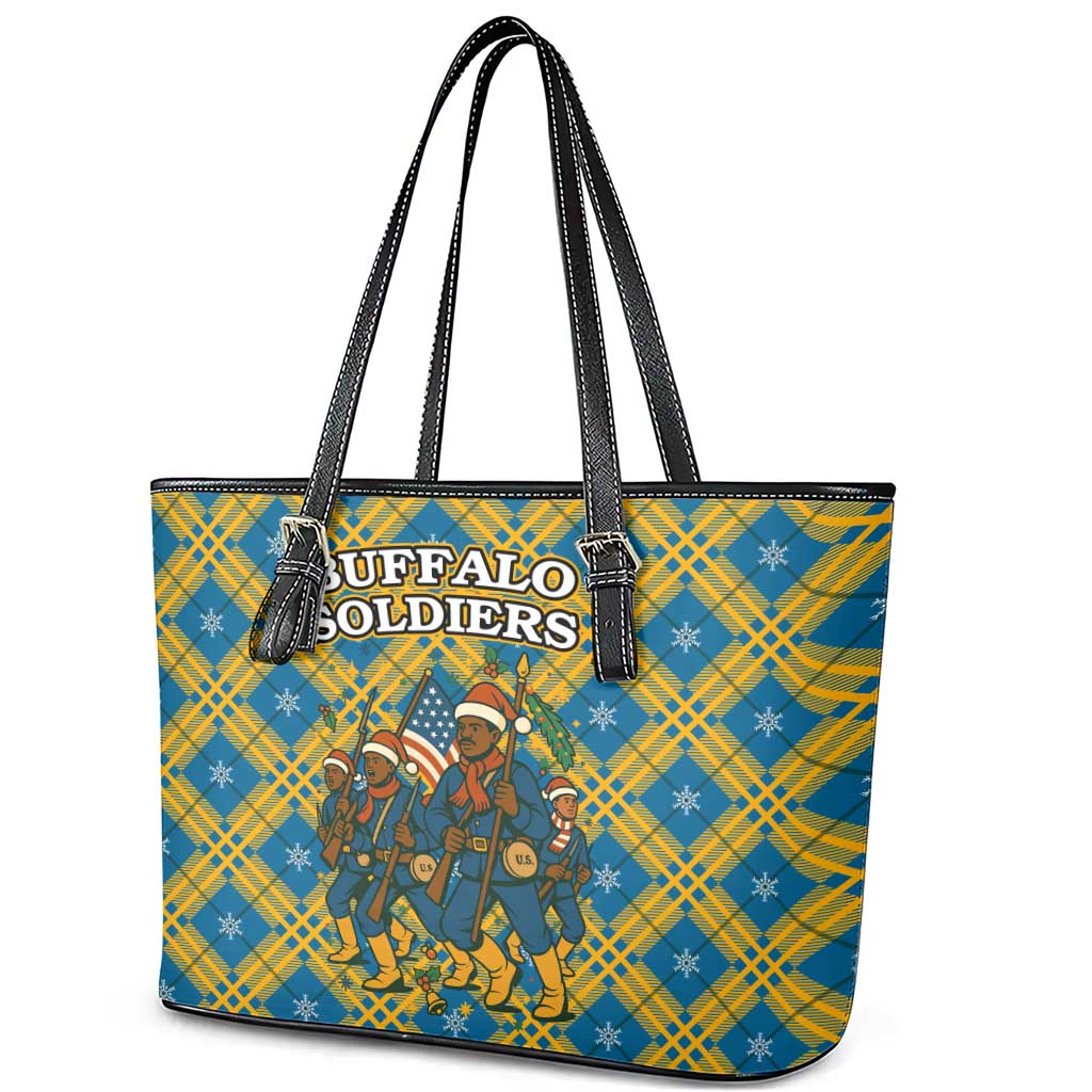 Buffalo Soldiers Christmas Leather Tote Bag Blue Yellow Plaid Parade Illustration Design - African Pride