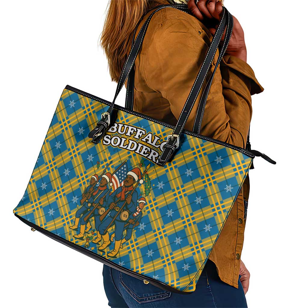 Buffalo Soldiers Christmas Leather Tote Bag Blue Yellow Plaid Parade Illustration Design - African Pride