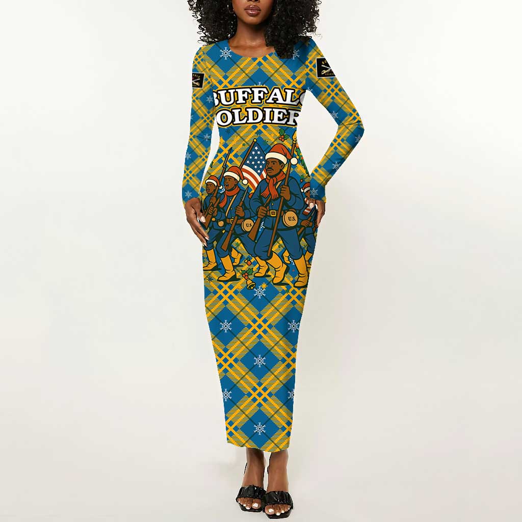 Buffalo Soldiers Christmas Long Sleeve Bodycon Dress Blue Yellow Plaid Parade Illustration Design - African Pride