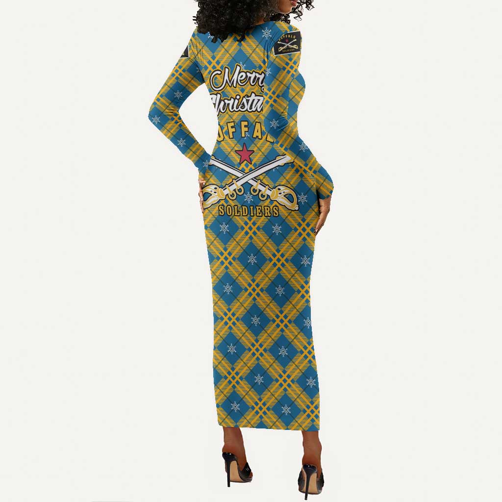 Buffalo Soldiers Christmas Long Sleeve Bodycon Dress Blue Yellow Plaid Parade Illustration Design - African Pride