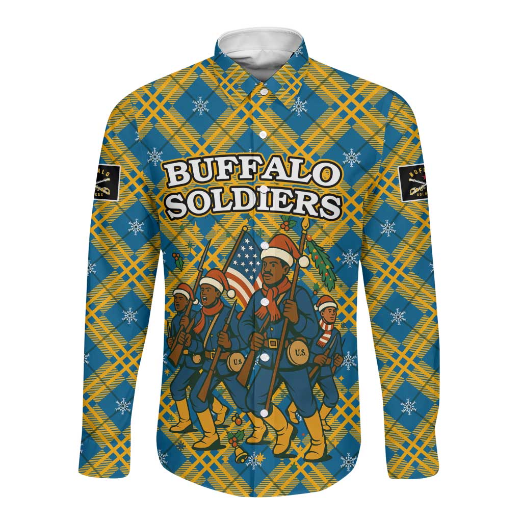 Buffalo Soldiers Christmas Long Sleeve Button Shirt Blue Yellow Plaid Parade Illustration Design - African Pride