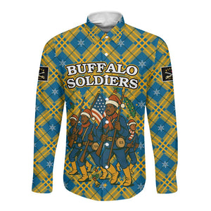Buffalo Soldiers Christmas Long Sleeve Button Shirt Blue Yellow Plaid Parade Illustration Design - African Pride