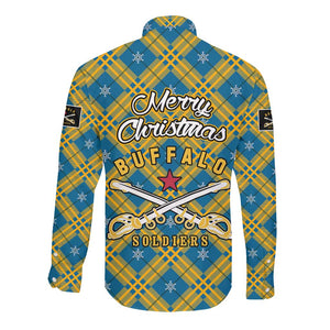Buffalo Soldiers Christmas Long Sleeve Button Shirt Blue Yellow Plaid Parade Illustration Design - African Pride