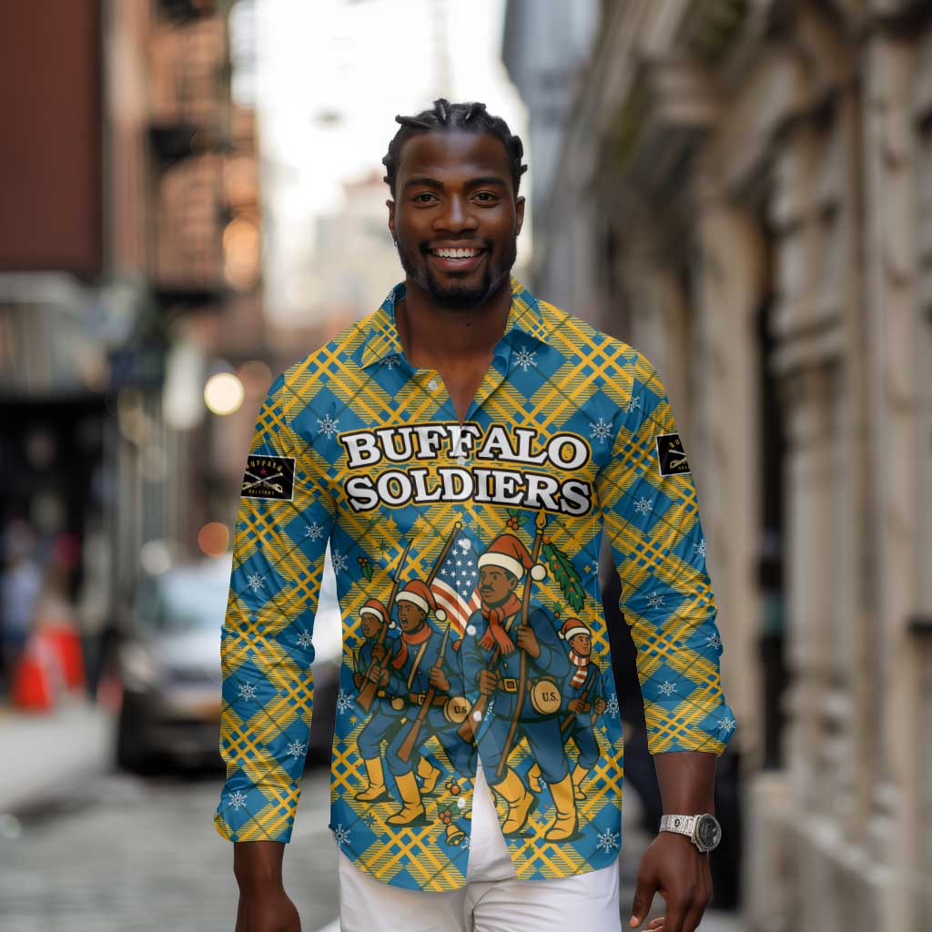 Buffalo Soldiers Christmas Long Sleeve Button Shirt Blue Yellow Plaid Parade Illustration Design - African Pride