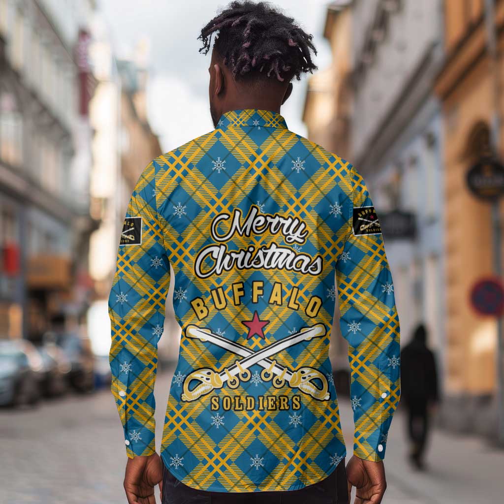 Buffalo Soldiers Christmas Long Sleeve Button Shirt Blue Yellow Plaid Parade Illustration Design - African Pride