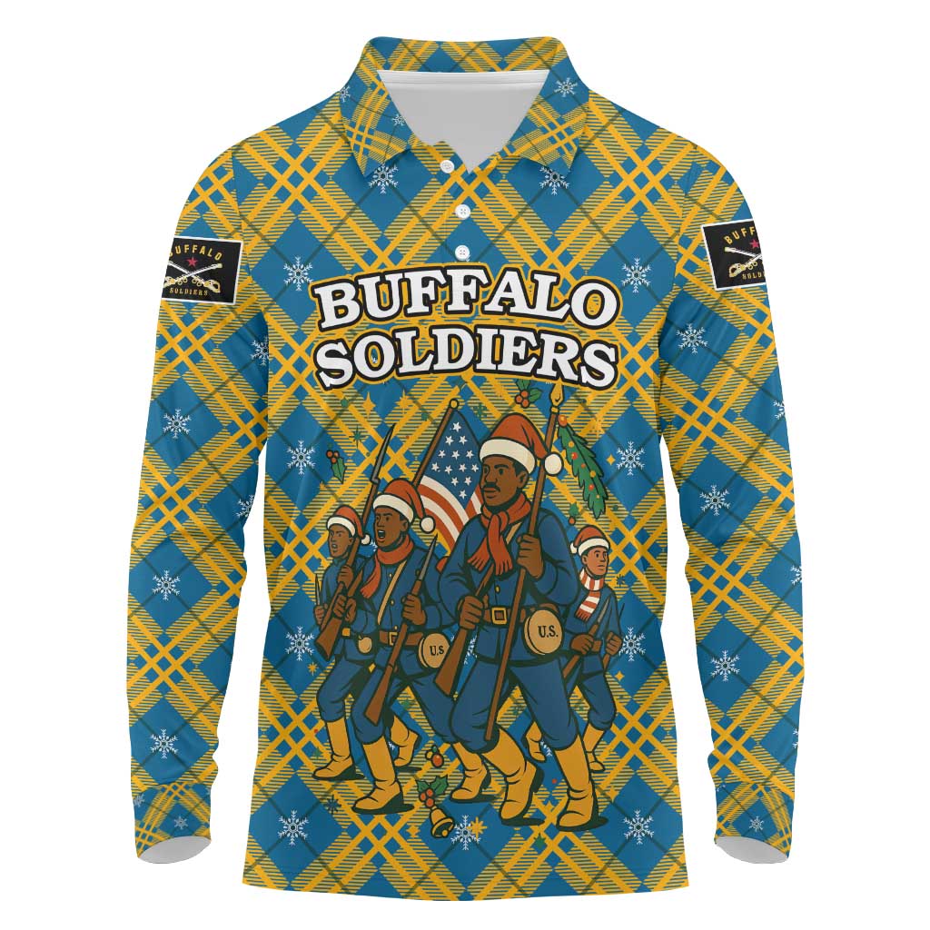 Buffalo Soldiers Christmas Long Sleeve Polo Shirt Blue Yellow Plaid Parade Illustration Design - African Pride