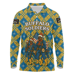 Buffalo Soldiers Christmas Long Sleeve Polo Shirt Blue Yellow Plaid Parade Illustration Design - African Pride
