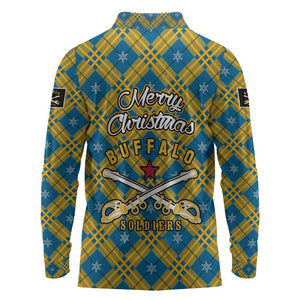 Buffalo Soldiers Christmas Long Sleeve Polo Shirt Blue Yellow Plaid Parade Illustration Design - African Pride