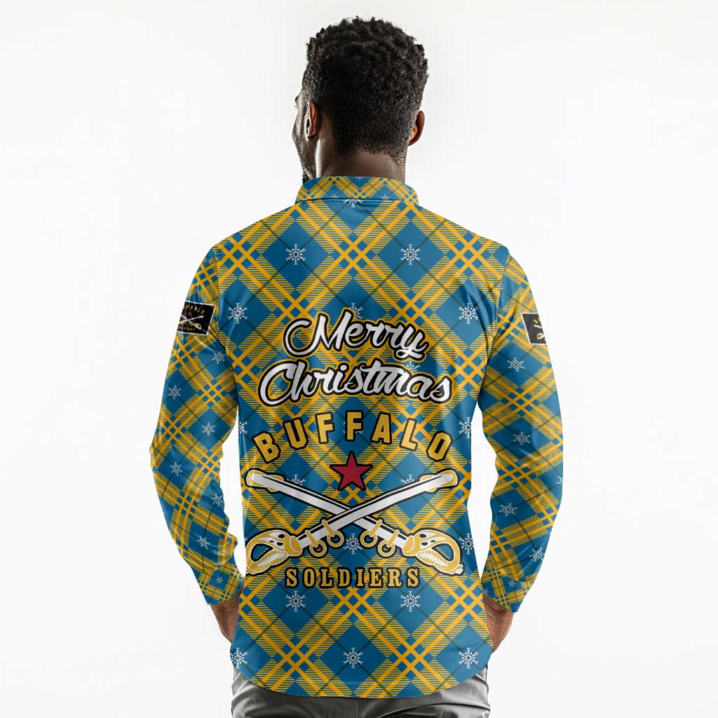 Buffalo Soldiers Christmas Long Sleeve Polo Shirt Blue Yellow Plaid Parade Illustration Design - African Pride