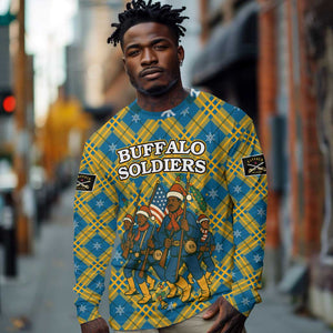 Buffalo Soldiers Christmas Long Sleeve Shirt Blue Yellow Plaid Parade Illustration Design - African Pride