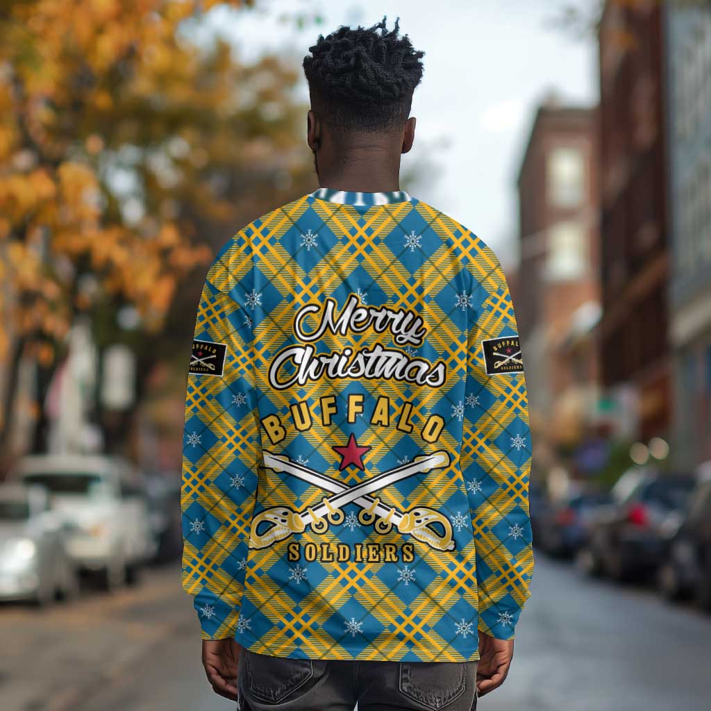 Buffalo Soldiers Christmas Long Sleeve Shirt Blue Yellow Plaid Parade Illustration Design - African Pride