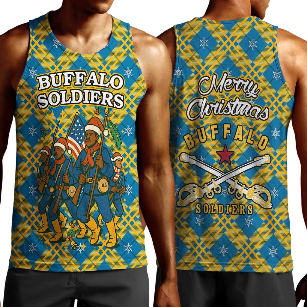 Buffalo Soldiers Christmas Men Tank Top Blue Yellow Plaid Parade Illustration Design - African Pride