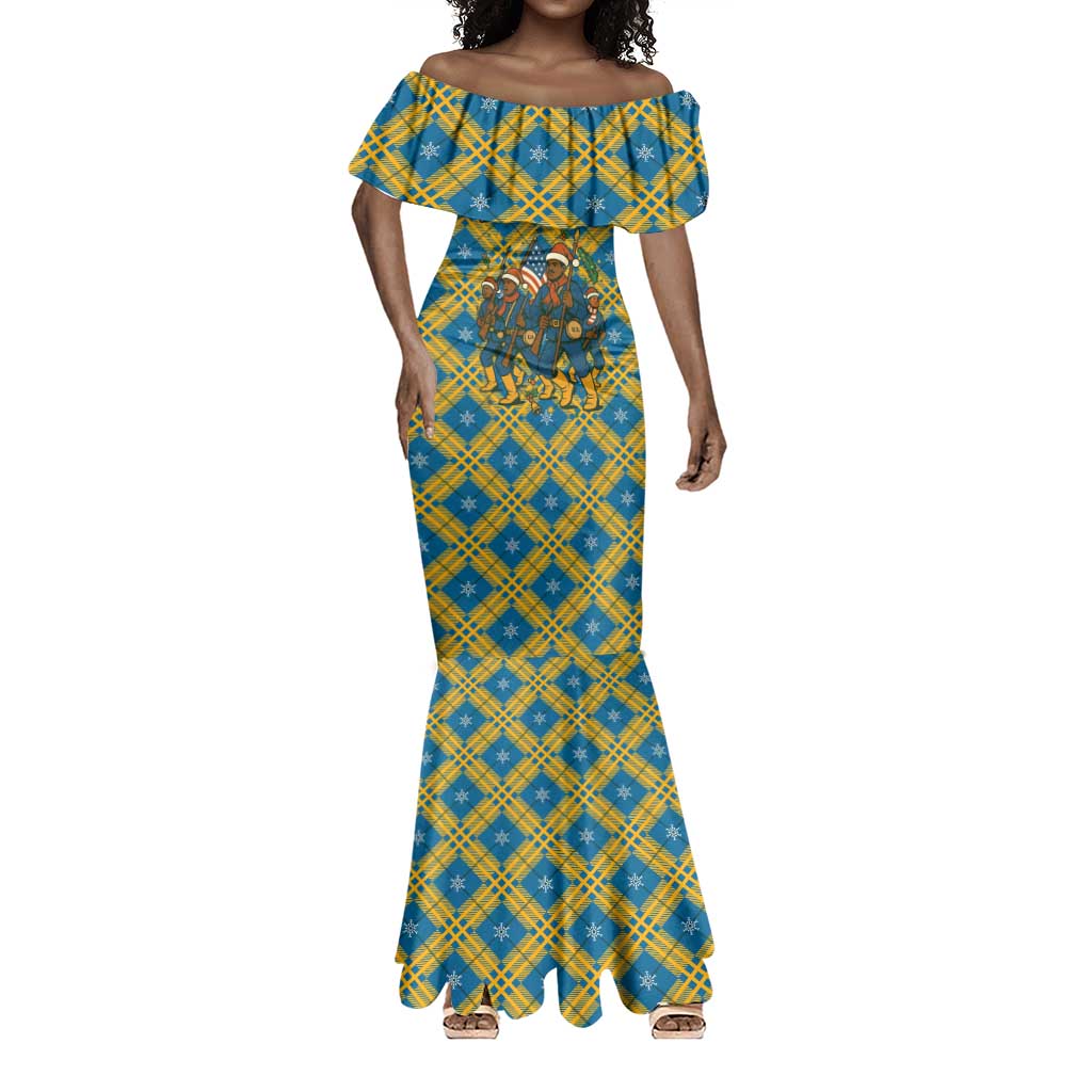 Buffalo Soldiers Christmas Mermaid Dress Blue Yellow Plaid Parade Illustration Design - African Pride