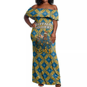 Buffalo Soldiers Christmas Off Shoulder Maxi Dress Blue Yellow Plaid Parade Illustration Design - African Pride