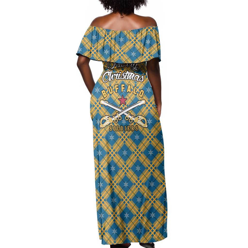 Buffalo Soldiers Christmas Off Shoulder Maxi Dress Blue Yellow Plaid Parade Illustration Design - African Pride