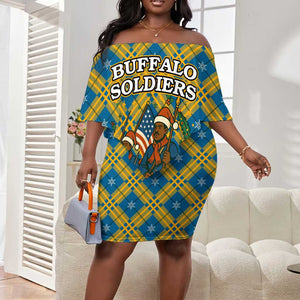 Buffalo Soldiers Christmas Off Shoulder Short Dress Blue Yellow Plaid Parade Illustration Design - African Pride
