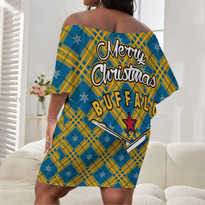 Buffalo Soldiers Christmas Off Shoulder Short Dress Blue Yellow Plaid Parade Illustration Design - African Pride